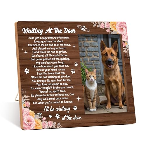 Pet Dog Cat Memorial Photo Frame - Waiting At The Door Dogs Wooden Tabletop Picture Frame - Sympathy Memorial Gifts For Loss Of Dog Cat Owner - In Loving Memory Pink Floral Frames Favors -05 - style: Floral