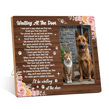 Pet Dog Cat Memorial Photo Frame - Waiting At The Door Dogs Wooden Tabletop Picture Frame - Sympathy Memorial Gifts For Loss Of Dog Cat Owner - In Loving Memory Pink Floral Frames Favors -05 - style: Floral