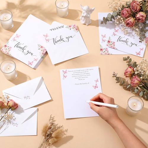 Fumete 50 Set Funeral Thank You Cards, Pink Butterfly - style: Pink Butterfly