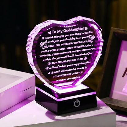 Arikyrist Goddaughter Gifts from Godmother Birthday Gift for Goddaughter from Godparents With LED Base Heart Crystal Keepsake Unique Goddaughters Gifts Idea on Mother's Day Christmas Graduation - style: Goddaughter Gifts + Light Base