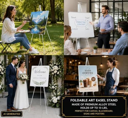MXG 7-66" Adjustable Metal White Easel Stand for Painting, Sign & Display | Quick Setup Tripod Display Stand with 2 Clips, Portable Foldable Art Easel for Wedding,Posters & Exhibition - color: White