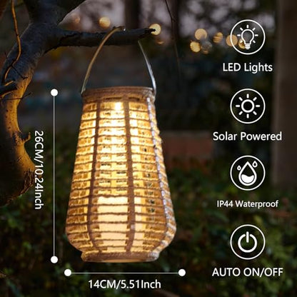 Hanging Solar Lanterns Outdoor Waterproof, Hand-Woven Hemp Rope,10x5.5 Inch