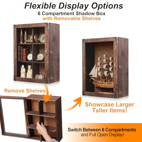 Shadow Box Frame 12x16, 4.7 inches deep, Display Case with Removable Shelves & 6 Compartments, Large Memory Box for Photos, Keepsakes, Wedding, Collectibles - color: 11x16 Carbonized