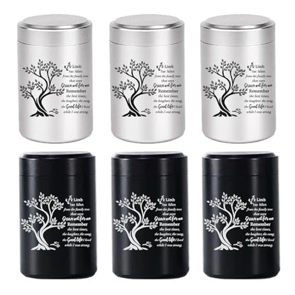 Small Urns for Human Ashes Set of 6 - Mini Keepsake Urns 3 Inches for Sharing - Memorial Ashes Holder - size: Tree of Life - Black & Silver