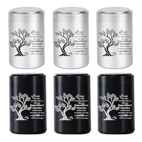 Small Urns for Human Ashes Set of 6 - Mini Keepsake Urns 3 Inches for Sharing - Memorial Ashes Holder - size: Tree of Life - Black & Silver