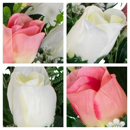 Artificial Cemetery Flowers - Gravesite Flowers - Cream Pink Roses - color: Cream and White Roses, size: (1) Bouquet