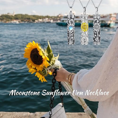 Sterling Silver Flower Tree Life Cremation Urn Necklace for Women - color: Cylin *Sunfl. 1 (Zir GP)
