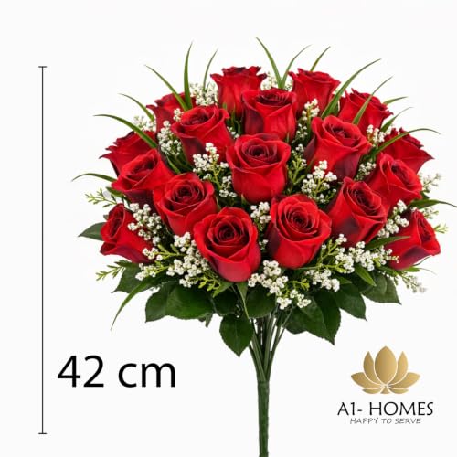 Artificial Roses, 42cm Fake Flowers for Decoration, Grass Bush with Gyp & Foliage 24 Red Roses Heads, Red Artificial Flowers for Outdoor & Indoor Events Wedding Party Home Decor (1, Red With Gyp)