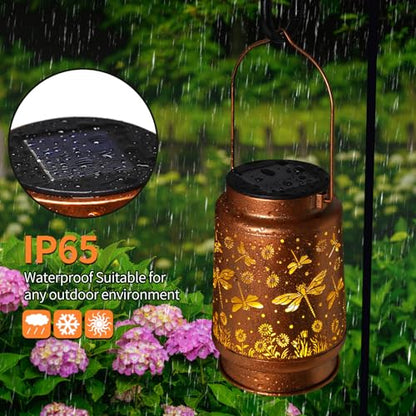 2 Pack Dragonfly Solar Lanterns Outdoor Waterproof Rose Garden Decor Gifts for Women Mom Grandma Hanging Solar Lights Metal Lantern Decoration Outside for Yard,Patio,Backyard,Porch - style: F. 2 Pack Dragonfly Lantern