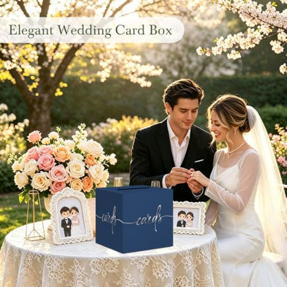 Navy Blue Wedding Card Box with Silver Foil Design, Paperboard 8.7" Card Box for Graduation Birthday Party Reception Retirement Anniversary Bridal & Baby Shower - color: Navy Blue Card Box with Silver Foil, size: 8.7×8.7×8.7Inch(1 Pack)