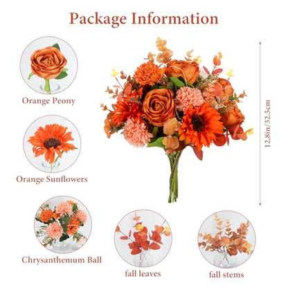 17PCS Fall Flowers Sunflowers Artificial Flowers Fake Rose with Mums - color: Orange