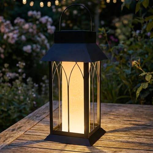 Solar Lantern Outdoor Waterproof ,Black Heavy Duty Metal Solar Powered Hanging or Table Lamp for Patio, Garden, Yard, Porch - Decorative Warm White Lights