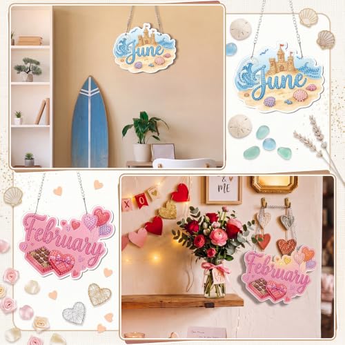 Cinnvoice Seasonal Diamond Art Hanging Kit,12 Pcs,12 Month | Holiday Diamond Art Wreath Ornament, Month Gem Hanging Sign, Festival Crystal Suncatcher, for Door Window Wall Home Decor - style: 12 Month