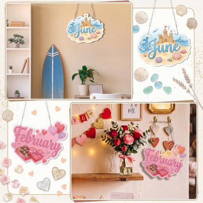 Cinnvoice Seasonal Diamond Art Hanging Kit,12 Pcs,12 Month | Holiday Diamond Art Wreath Ornament, Month Gem Hanging Sign, Festival Crystal Suncatcher, for Door Window Wall Home Decor - style: 12 Month
