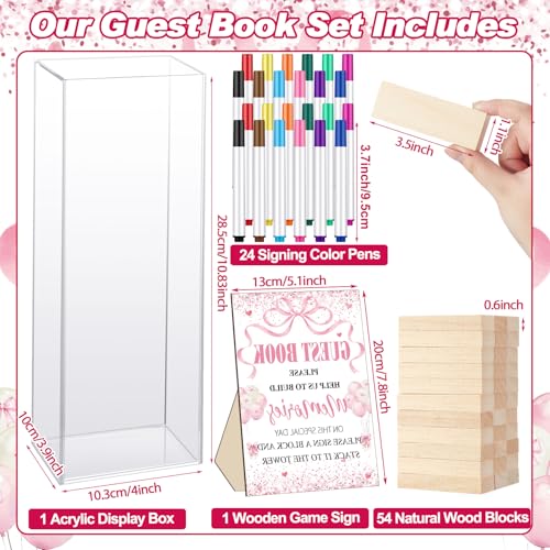 Beeveer 80 Pcs Wedding Guest Book Alternative Wooden Block Guest Book for Wedding Sign in Bridal Shower Decoration 54 Pcs Wooden Block Bridal Shower Game for Sign in, Reception(Pink Bow) - style: Pink Bow