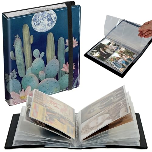 Small Photo Album 3.5x5 inch 80 Pictures PU Leather Photo Albums with Transparent Inner Pockets & Elastic Band for Wedding Boys Girl Travel Family Pictures - Cactus Moon - color: Cactus Moon, size: 3.5x5 Photo Album