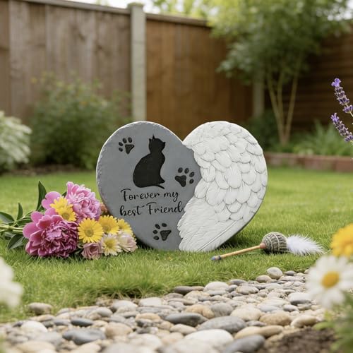 Landoraloria Cat Memorial Stone 10” Heart with Wings Outdoor Pet Grave Marker Cement Garden Remembrance Stone Sympathy Gift for Loss of Cat Angel Paw Design