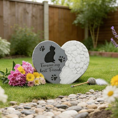 Landoraloria Cat Memorial Stone 10” Heart with Wings Outdoor Pet Grave Marker Cement Garden Remembrance Stone Sympathy Gift for Loss of Cat Angel Paw Design