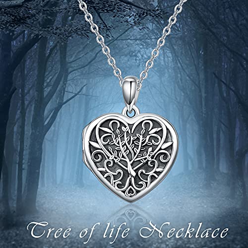 TANGPOET Heart Locket Necklace for Women 925 Sterling Silver Photo Locket Holds Two Pictures Inside Memorial Keepsake Jewelry Gifts for Mothers Day Birthday Christmas - style: F01-Tree of Life