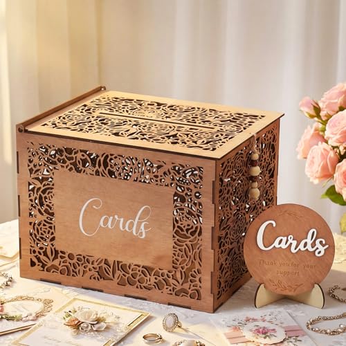 Wedding Card Box with Sign Boho Rustic Wood Gift Card Box Vintage Money Cards Holder for Wedding Baby Shower(Flower,Brown,11.4 x 9 x 8.5 Inches) - style: Flower