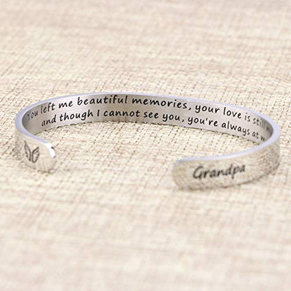 Memorial Gifts for Loss of Mom Dad In Memory of Jewelry Sympathy Bracelet | Bereavement Cuff Secret Message Engraved Grief Gifts for Women - style: Grandpa Memorial Gift- You left me beautiful memories