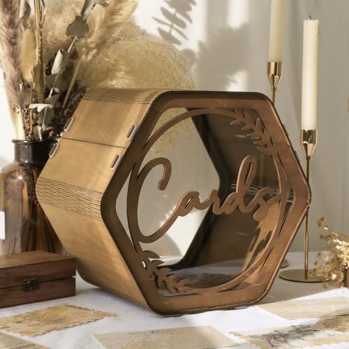 OurWarm Wedding Card Box for Party, Hexagon Brown Wedding Card Boxes for Reception, Wooden Wedding Box for Cards and Money, Rustic Graduation Gift Card Box for Wedding Decor Baby Shower Birthday - color: Brown