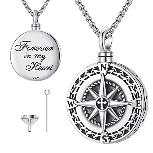 Compass Necklace for Women Men 925 Sterling Silver Pendant Urn Necklaces for Ashes Picture Locket Necklace Anchor Necklace Viking Necklace Crystals CZ Moonstone Abalone Shell Turquoise Compass Jewelry - color: T-I-Compass Urn Necklace, style: Urn Necklace