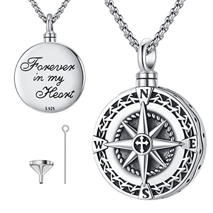 Compass Necklace for Women Men 925 Sterling Silver Pendant Urn Necklaces for Ashes Picture Locket Necklace Anchor Necklace Viking Necklace Crystals CZ Moonstone Abalone Shell Turquoise Compass Jewelry - color: T-I-Compass Urn Necklace, style: Urn Necklace