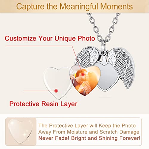 Custom4U Personalized Heart Locket Necklace with Pictures,Sunflower/Angel Wings/Heart Shaped Lockets Custom Photo,Gold/Rose Gold/White Lockets That Holds Picture,Customized Memorial Jewelry for Women - color: B-Angel Wings-Steel(Locket + Photo + Engraving