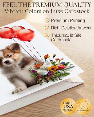 Puppy with Red Balloons and Flowers All Occasions Greeting Card from Unique Dogs Party Delights Collection Large 5x7 Inch Blank Inside with Envelope | 5x7 Inch Card, Blank Inside, Premium Silk Cardstock, Made in USA by USA-Based Pet Friendly Small Busines