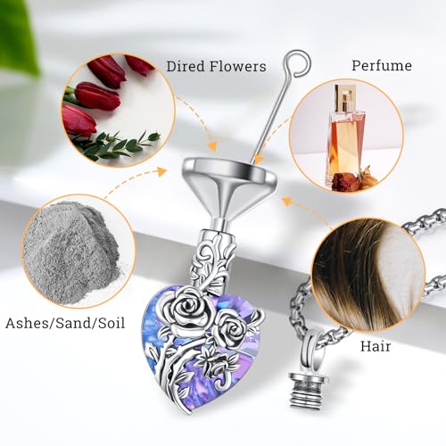 Urn Necklace for Ashes for Women/Men 925 Sterling Silver Cremation Jewelry w/Funnel Filler Memorial Jewelry Gifts - color: A-Rose (Purple Crystal), style: Non - Customized