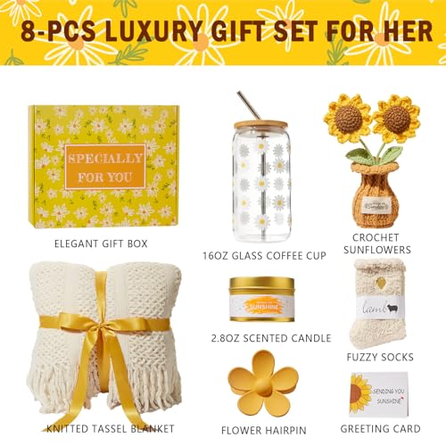 Birthday Gifts for Women, Christmas Self Care Get Well Gifts Baskets for Women, Sending Sunshine Sunflower Care Package, Thinking of You Thank You Inspirational Gift for Friend, Mom, Sister, Wife