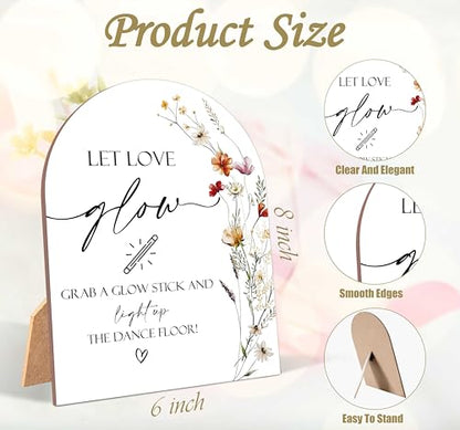 Wildflower Let Love Glow Sign, Wedding Ceremony Signs, 6 x 8 Inch Arch Wooden Tabletop Sign with Stand, Wedding Reception Decoration Supplies (AG09) - color: Let Love Glow