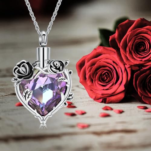 Cremation Jewelry for Ashes Rose Flower Urn Necklace with Crystal Heart Ashes Pendant Butterfly Necklaces for Women Men Memorial Keepsake Jewelry Gift - color: Silver-purple