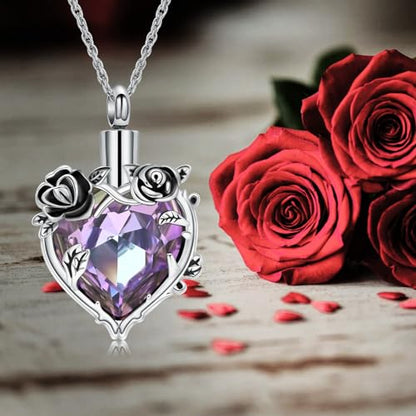 Cremation Jewelry for Ashes Rose Flower Urn Necklace with Crystal Heart Ashes Pendant Butterfly Necklaces for Women Men Memorial Keepsake Jewelry Gift - color: Silver-purple
