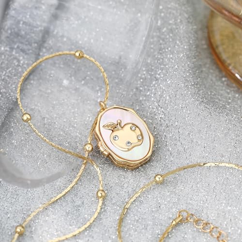 Gold Locket Necklace for Women Vintage, Heart Star Moon Butterfly Angel Holds Picture Photo Oval Locket Pendant Memorial Necklace Personalized Celestial Jewelry Birthday Gifts - style: Oval Apple