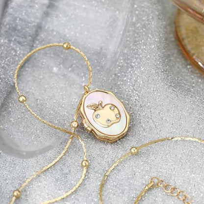 Gold Locket Necklace for Women Vintage, Heart Star Moon Butterfly Angel Holds Picture Photo Oval Locket Pendant Memorial Necklace Personalized Celestial Jewelry Birthday Gifts - style: Oval Apple