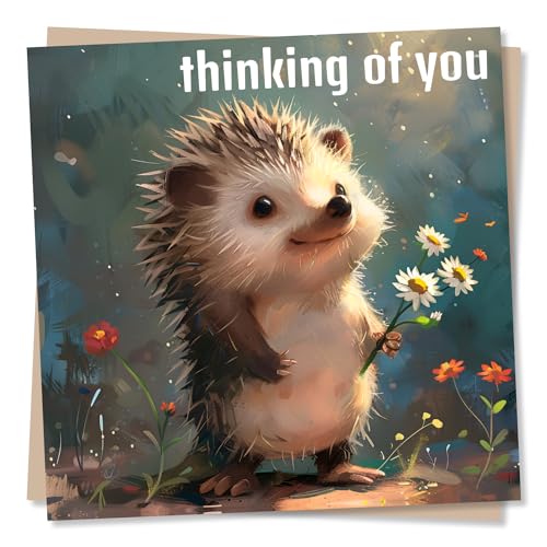 Card Thinking of You, Sympathy, Condolences - Positive Thoughts, Hedgehog | for Family, Friend, Colleague, Him, Her, Hard Times, Get Well - from All of Us - Daisies - Blank Inside, with Envelope