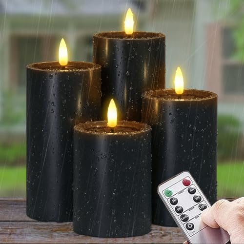 Yeelida Outdoor Halloween 4pcs Flameless Waterproof Candles with Handy Remote Control, Cycle Timer Battery Operated Candle Grease LED Flickering Pillar Plastic Long Lasting (Black, 3" x4" 5" 6" 7") - color: Black, size: 4" 5" 6" 7"