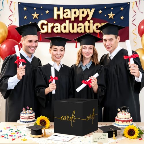 Black Card Box with Gold Foil Design, Paperboard 8.7" Gift Card Holder for Wedding Graduation Birthday Party Reception Retirement Anniversary Bridal & Baby Shower - color: Black Card Box with Gold Foil, size: 8.7×8.7×8.7Inch(1 Pack)