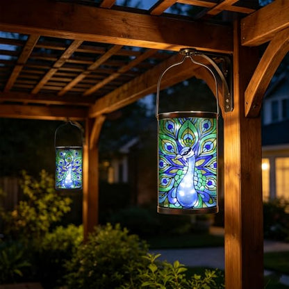 MUMTOP Peacock Glass Solar Lantern Waterproof Outdoor Hanging Garden Light - color: Teal