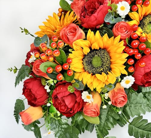 MUVIC Artificial Cemetery Flowers for Outdoor Grave Decorations - Sympathy Headstone Flower Saddle - Realistic Sunflower Rose