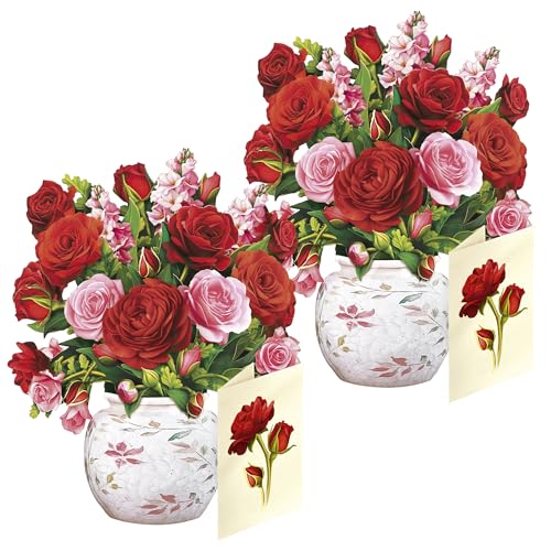 Freshcut Paper Mini Blooming Roses – 2 Pack of 6 Inch Life-Sized 3D Pop Up Cards – Anniversary, Valentine's Day, Mothers Day, Thank You, Gifts for Mom and Her – Includes Notecard and Envelope - color: Blooming Roses, size: Mini - Two Pack
