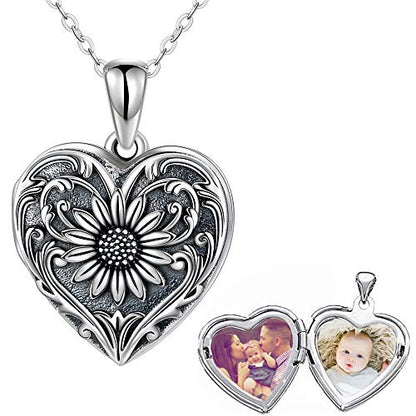 SOULMEET Personalized Silver Locket Necklace That Holds Pictures Photo Keep Someone Near to You, Memorial Custom Lockets Necklaces Letters Engraving for His Her - color: A-Sunflower-Black, style: Locket+Custom Photo