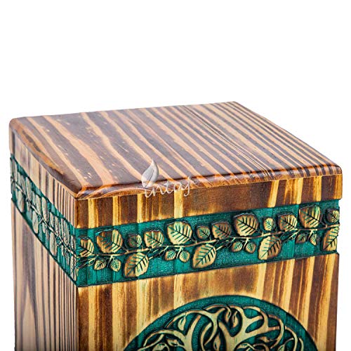 Wooden Cremation Urn for Human Ashes, 180 Cu in, Large, Teal & Gold | Hand-carved wood, teal over gold, screw-locked sliding base, engraving available, holds up to 180 lb - color: Teal & Gold, size: Medium - 9.5Hx5.5W (180 Cu/In)
