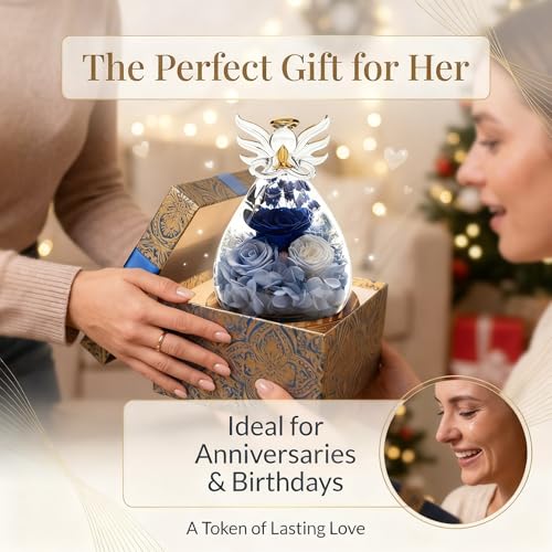 Angel Rose Figurine with LED Lights - Real Preserved Eternal Rose in Glass Dome, Forever Flowers Gift for Women, Birthday Valentine's Wedding - color: Cobalt Velvet Rose