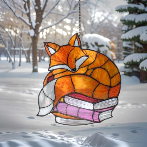 Sleeping Fox Book Acrylic Suncatcher Size 4 inches, Bookish Stained Glass Effect Window Hanging Ornament, Garden Decor, Gift for Book Lover Reader Bookworm - color: Book-sleeping-fox, size: 4"