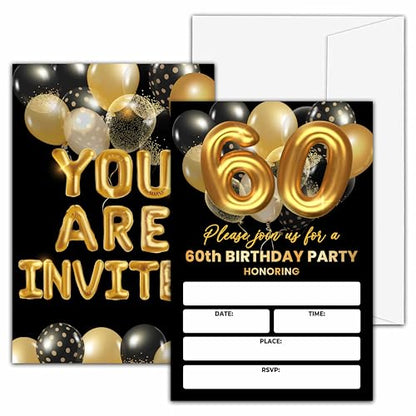 60th Birthday Invitations, Black and Gold Birthday Party Invitations, Gold Balloon Birthday Party Fill In Invitation Cards, Birthday Party Favor Supplies (20 Invites With 20 Envelopes) -60th - style: 60th