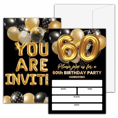 60th Birthday Invitations, Black and Gold Birthday Party Invitations, Gold Balloon Birthday Party Fill In Invitation Cards, Birthday Party Favor Supplies (20 Invites With 20 Envelopes) -60th - style: 60th