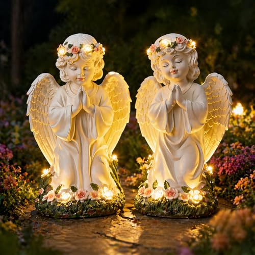 Amyhill 2 Pack Angel Garden Decor Statue Solar Outdoor Figurine Angel Gifts for Women Mom Grandma Light up Cherub Ornaments Outside Yard Lawn Patio Porch Sculpture Decorations